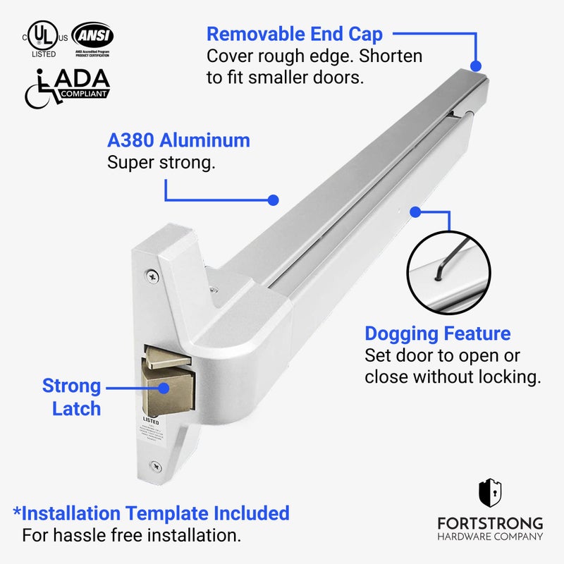 FORTSTRONG Push Bar Panic Exit Device (Silver) - Panic Bars for Exit Doors - UL Listed Grade 1 ADA Emergency Exit Door Push Bar Certified - FS-750 - Image 2
